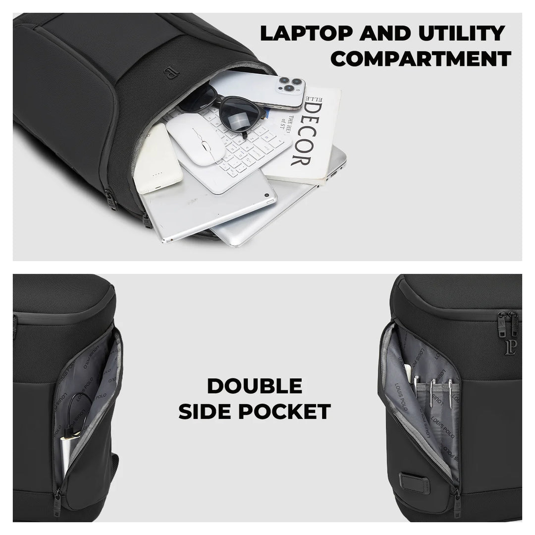 LOUIS POLO AeroVault backpack laptop utility compartment and double side pocket infographic