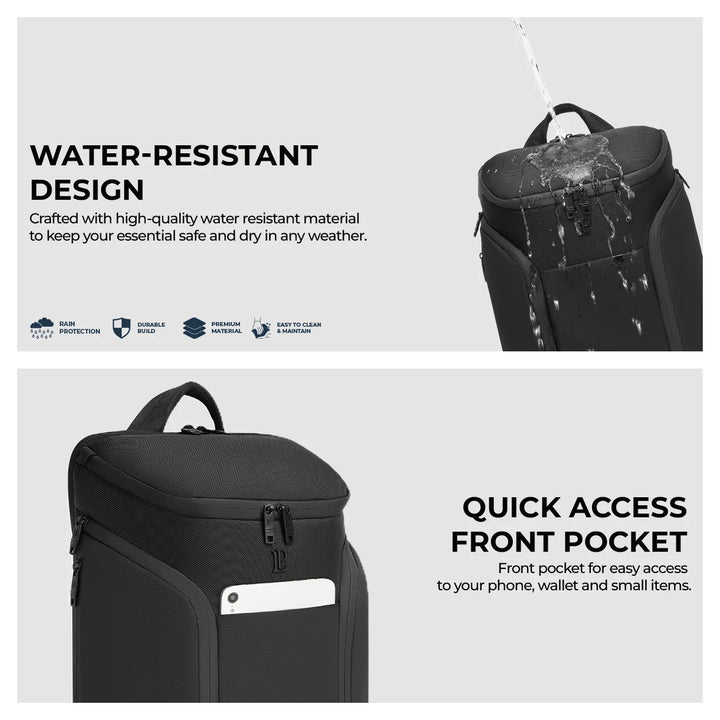 LOUIS POLO AeroVault backpack water-resistant design and quick-access front pocket infographic