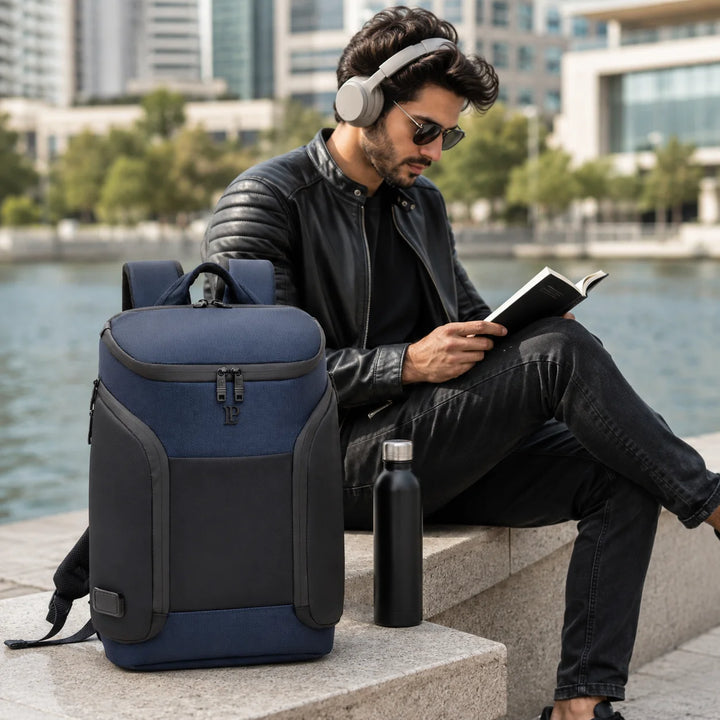 LOUIS POLO AeroVault Midnight Navy backpack lifestyle image