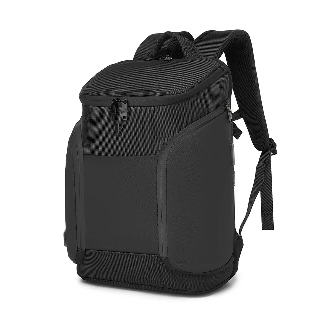 LOUIS POLO AeroVault Obsidian Black USB laptop travel backpack front three-quarter view