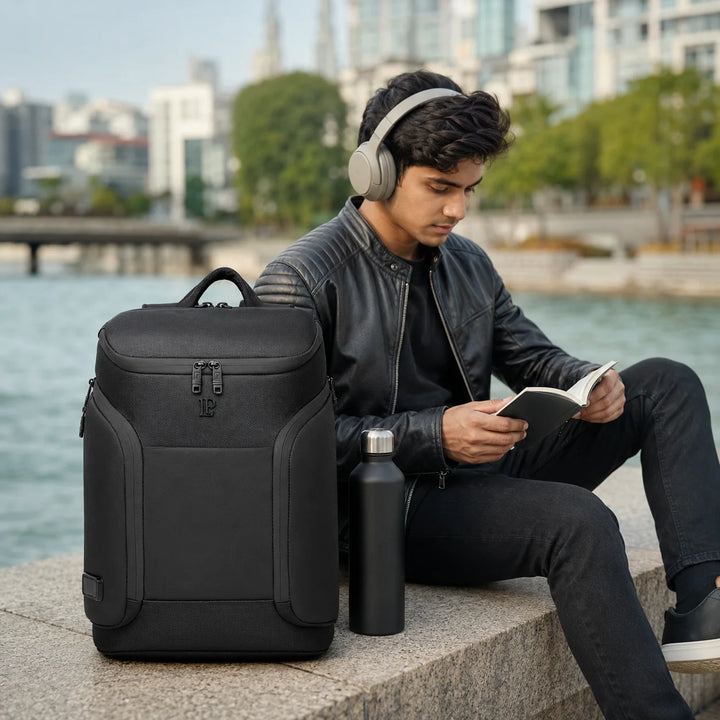 LOUIS POLO AeroVault Obsidian Black backpack lifestyle image