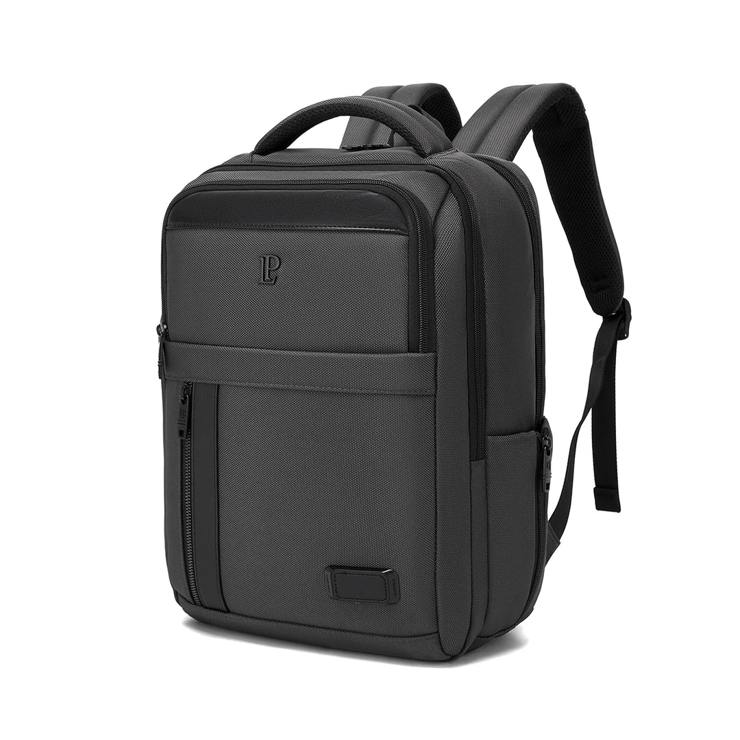 LOUIS POLO MetroGrid Graphite Grey executive laptop backpack front three-quarter view