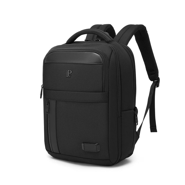 LOUIS POLO MetroGrid Obsidian Black executive laptop backpack front three-quarter view