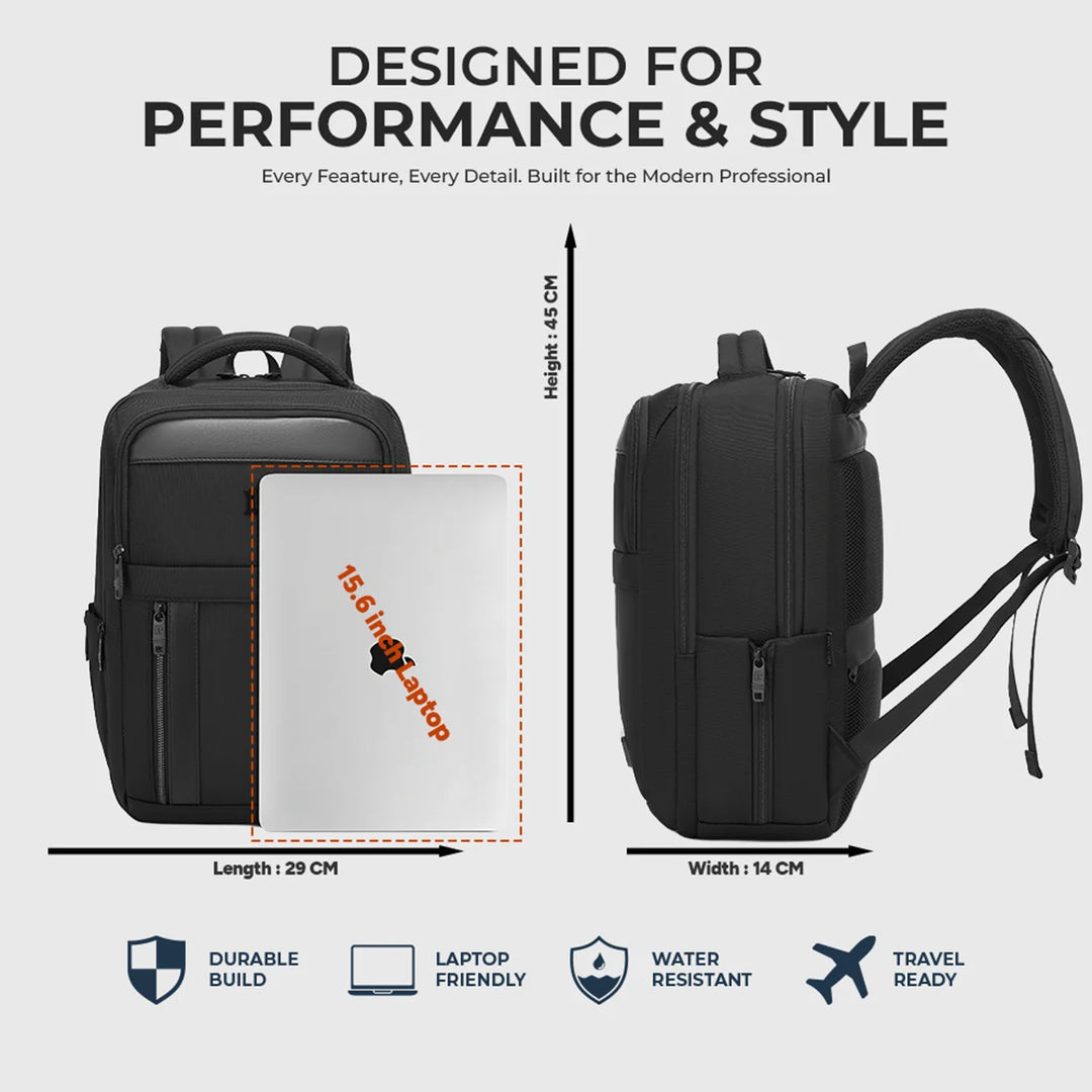 LOUIS POLO MetroGrid backpack dimensions and laptop compatibility infographic