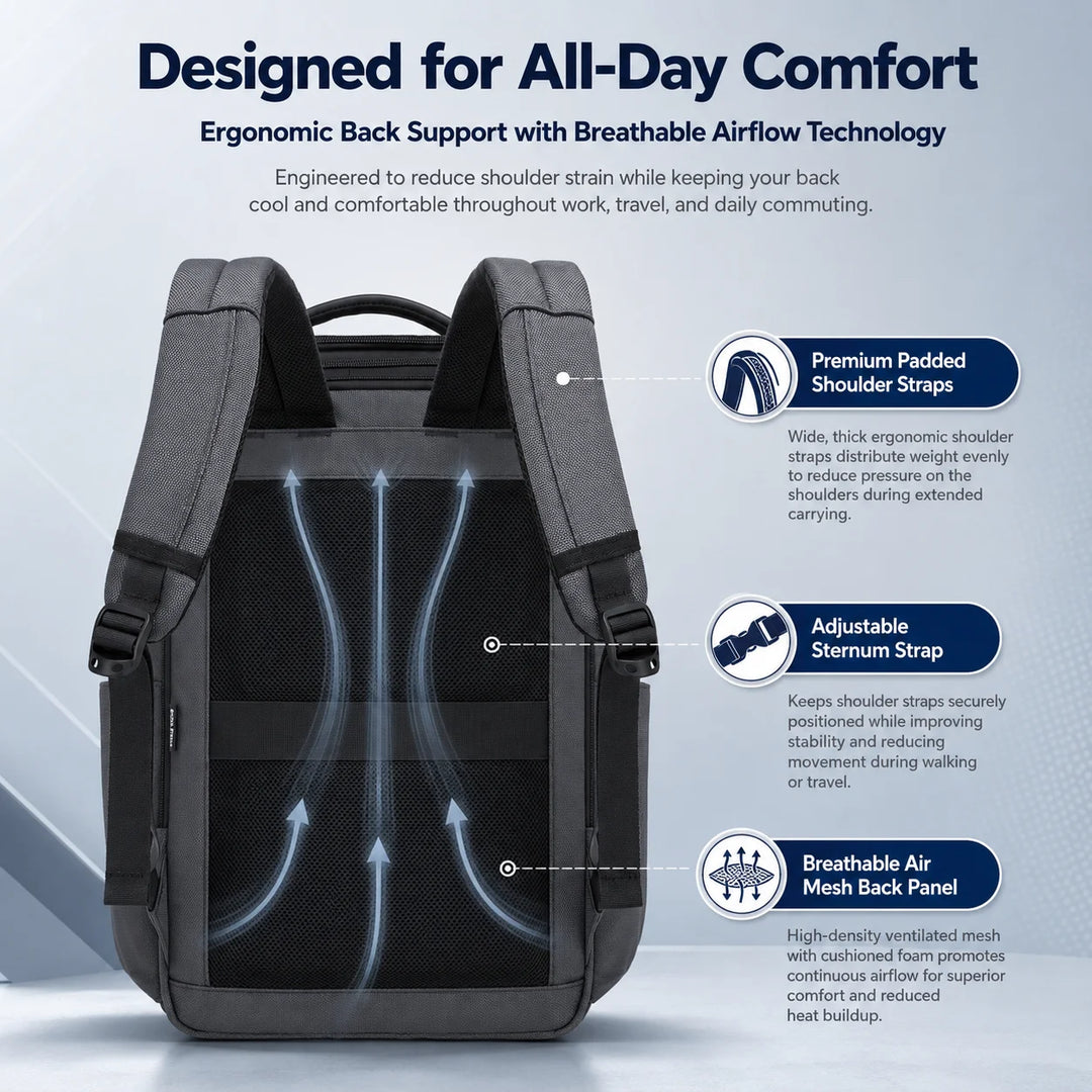 LOUIS POLO TechTrek backpack padded straps and breathable back panel infographic