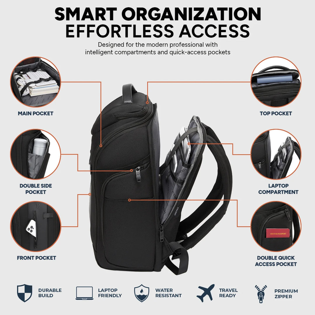 LOUIS POLO TechTrek backpack smart organization and pocket layout infographic