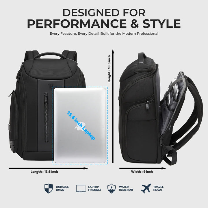 LOUIS POLO TechTrek backpack size and 15.6-inch laptop compatibility infographic